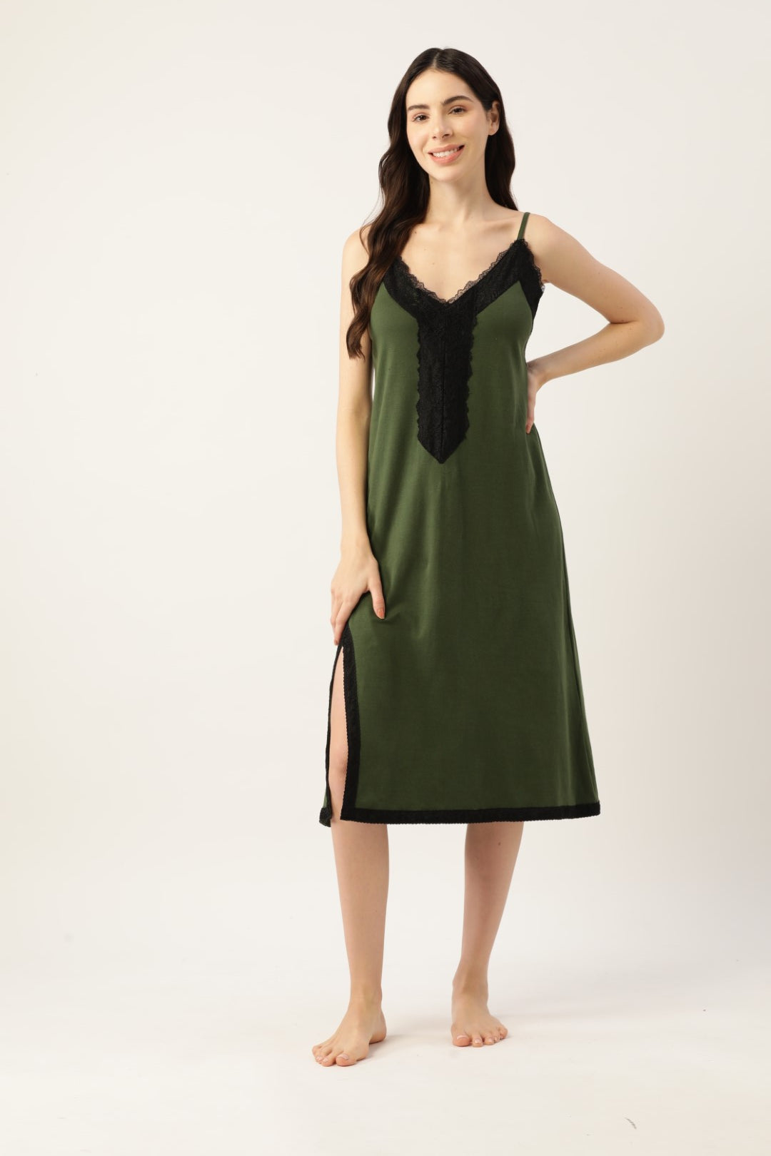 Dark Green Solid Finish Nightwear/Nighty