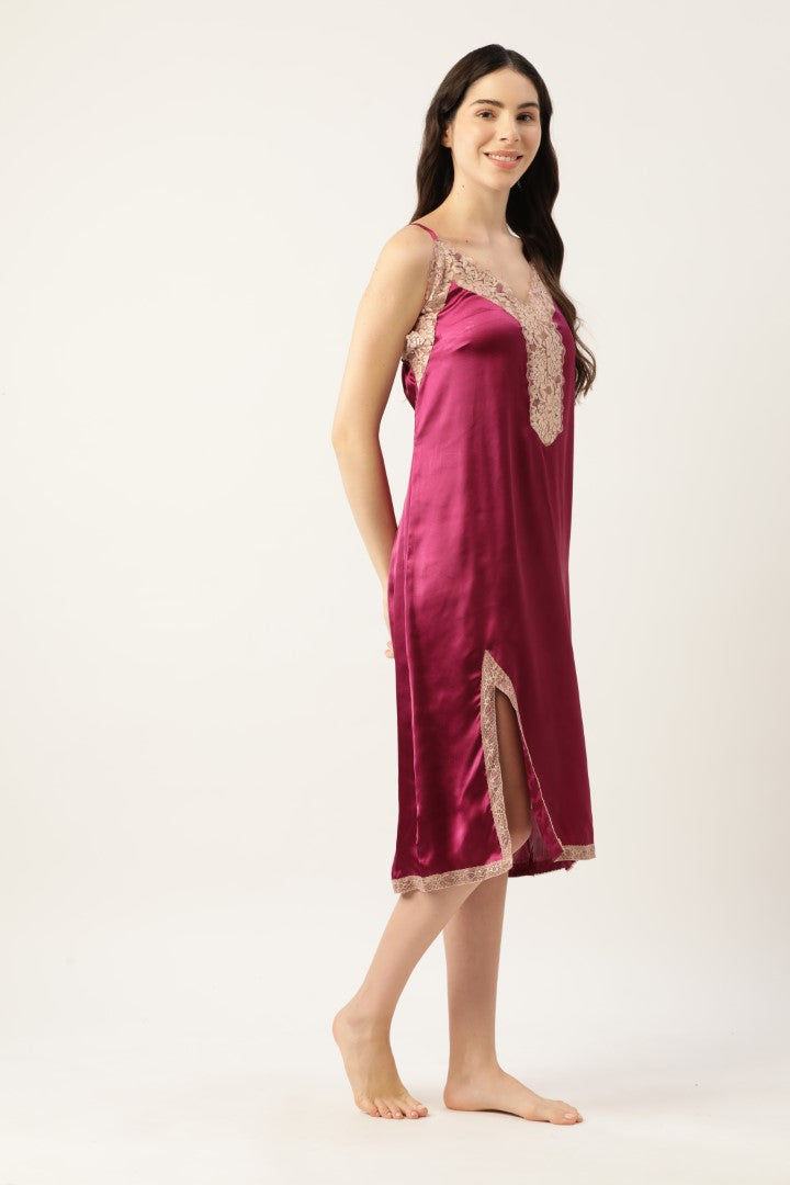 Wine Satin Nightwear/Nighty with Lace detail