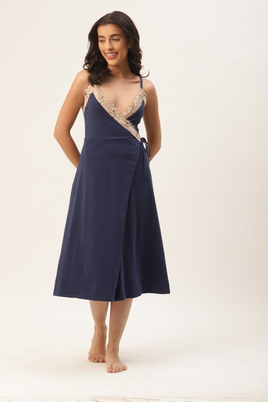 Blue Solid finish Nightwear/ Nighty with Cotton Fabric and Lace