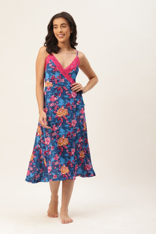 Blue Floral Finish Nightwear/ Nighty with Modal Fabric and Lace