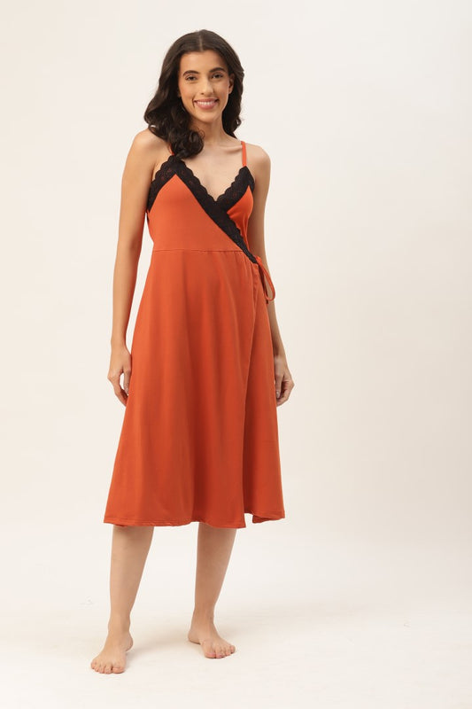 Orange Solid finish Nightwear/ Nighty with Cotton Fabric and Lace