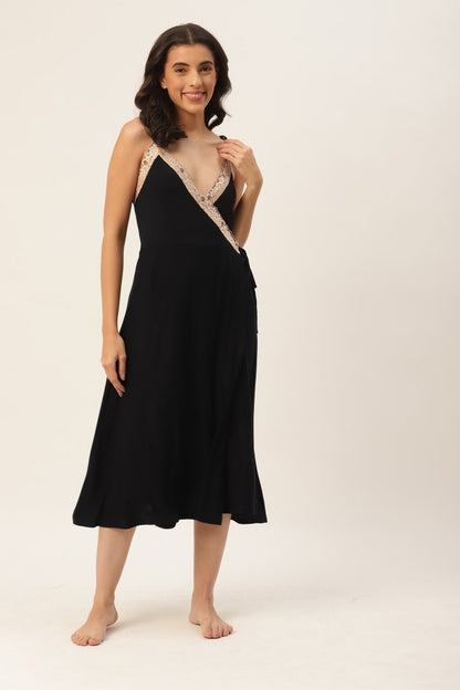 Black Solid finish Nightwear/ Nighty with Modal Fabric and Lace