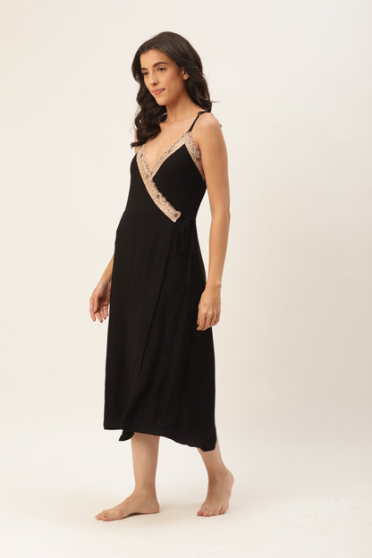 Black Solid finish Nightwear/ Nighty with Modal Fabric and Lace