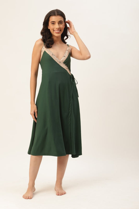 Green Solid finish Nightwear/ Nighty with Cotton Fabric and Lace