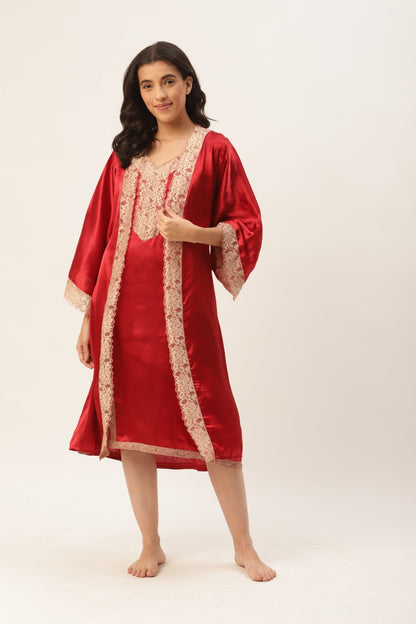 Maroon Nightwear/nighty with satin