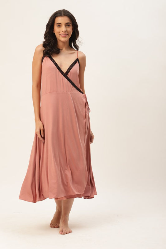 Rust Solid finish Nightwear/ Nighty with Modal Fabric and Lace