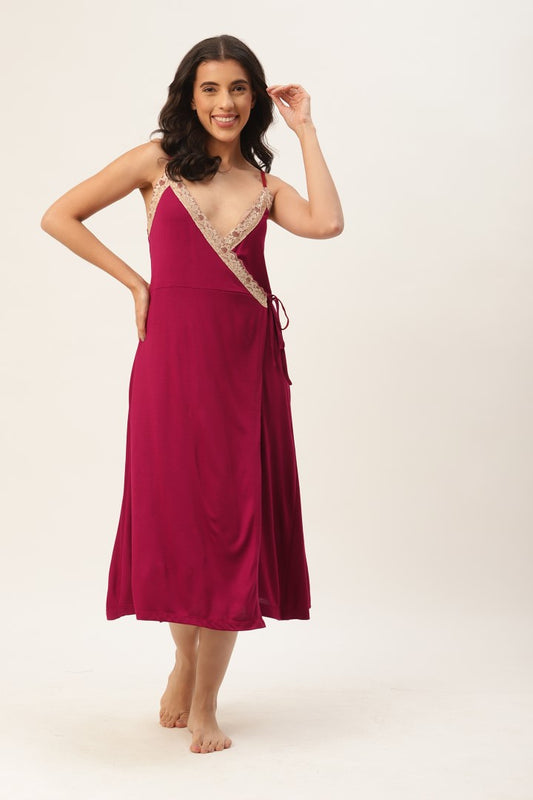 Maroon Solid finish Nightwear/ Nighty with Modal Fabric and Lace