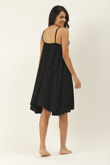 Navy Blue & Dot Printed, Nightdress with Lace Fabric